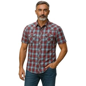 Wrangler Pearl Snap Button Short Sleeve Red Navy Sky Blue White Plaid Shirt 2XL